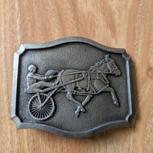 Harness Racing Horse & Sulky Pewter Belt Buckle Jacks Harness Mfg.
